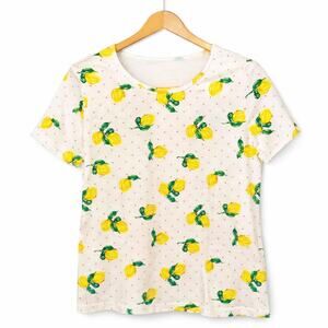 White Stag Top Womens Large White Lemon Print Crew Neck Short Sleeve 100% Cotton